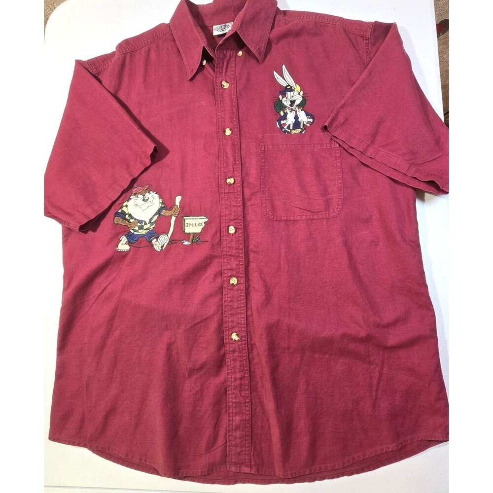 Vintage 90s Looney Tunes Denim Shirt SZ L Bugs Bunny & Taz ACME Clothing Cartoon